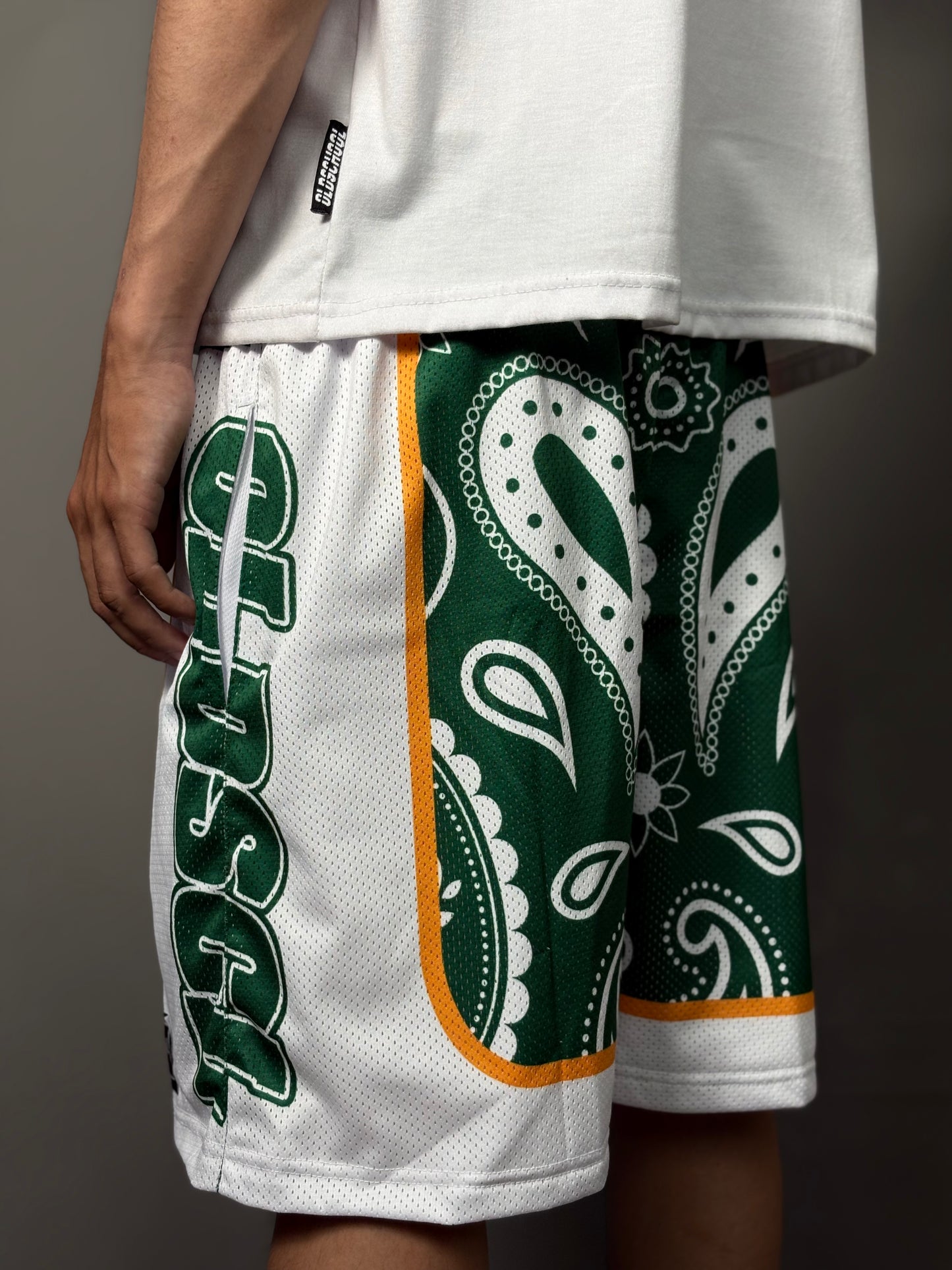 GREEN PAISLEY MESH SHORT